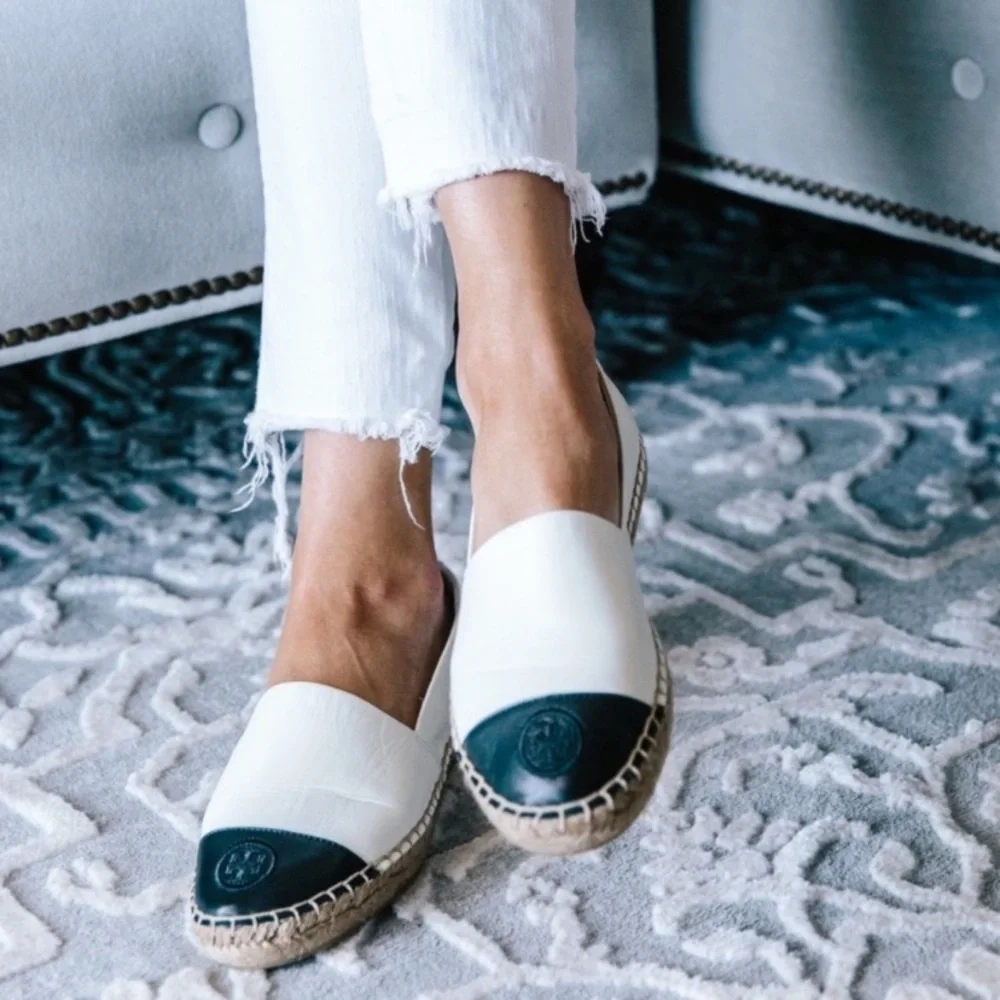 Like new Tory Burch White and Black Cap Toe Colorblock Espadrilles Flats